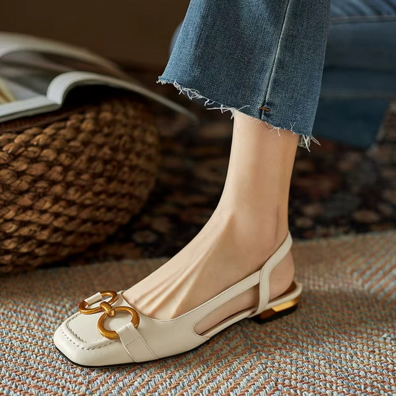 Rivena Slingback Sandals in cream with square toe and gold accent, showcasing sleek design and comfort.